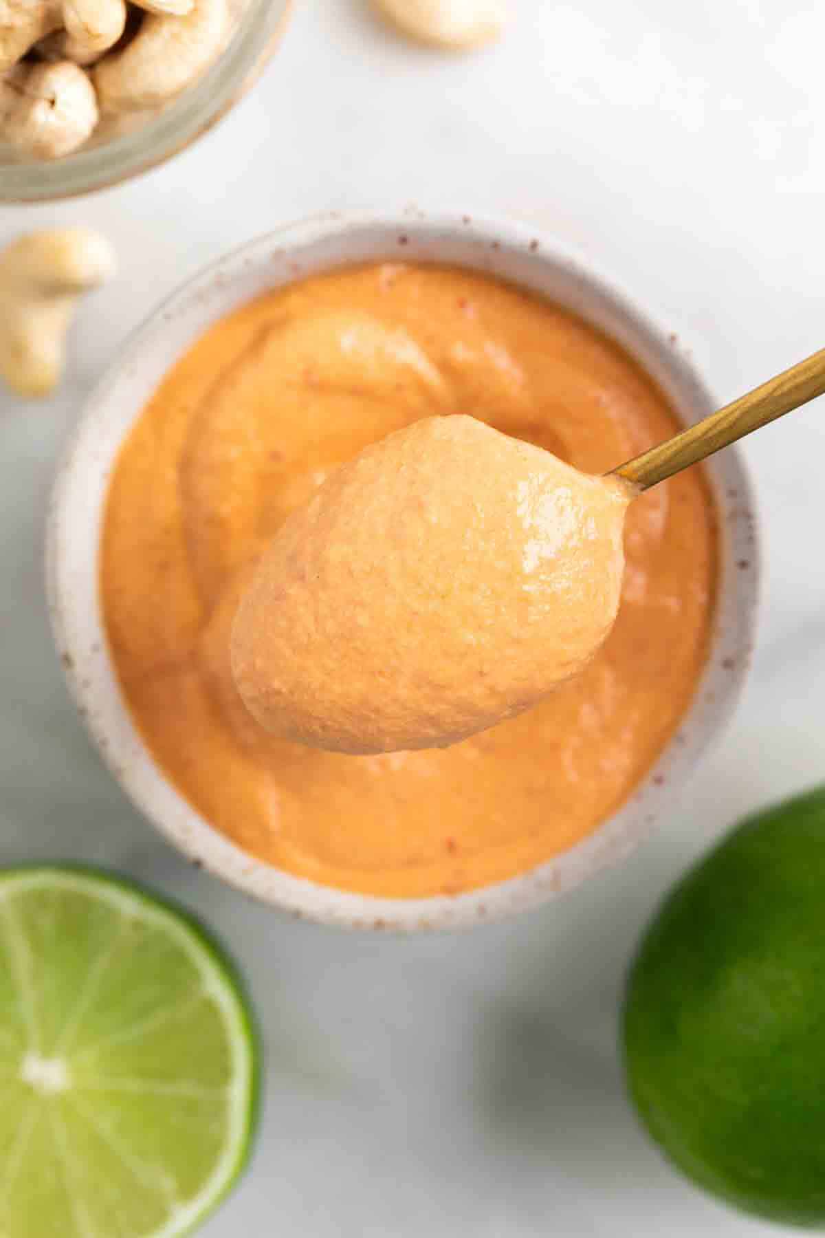 Spoon taking vegan chipotle sauce from a bowl.
