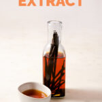 A picture of a glass botlle and a small bowl with homemade vanilla extract and the words vanilla extract