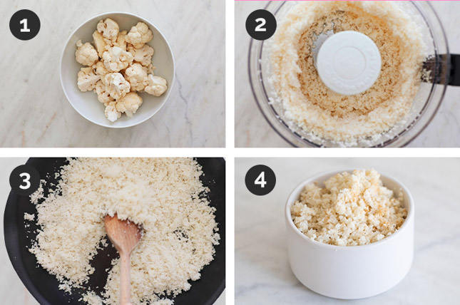 Step by steps photos of how to make cauliflower rice from scratch
