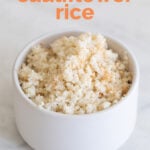 A shot of a bowl with cauliflower rice with the sentence hot to make cauliflower rice