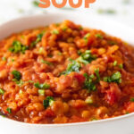 CLose-up shot of a bowl of lentil soup with the words lentil soup