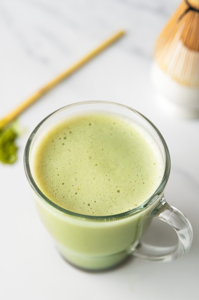 Close-up shot of a cup of matcha latte