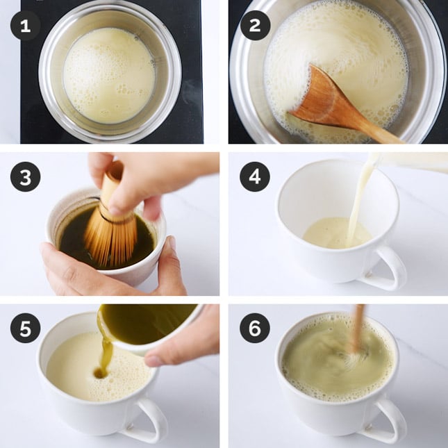 Step-by-step photos of how to make matcha latte