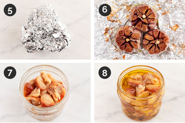 Step by step photos for how to store roasted garlic