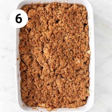 Baking dish with vegan apple crisp after baking.
