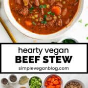 Vegan beef stew served in a bowl with parsley on top.
