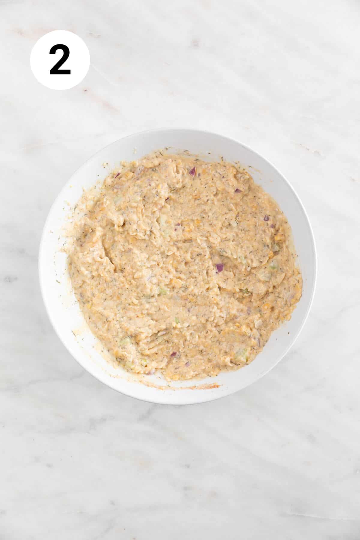 Vegan chicken salad in a shallow dish.