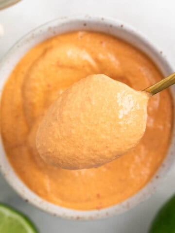 Spoon taking vegan chipotle sauce from a bowl.