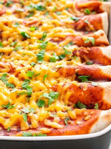 Vegan enchiladas in a baking dish garnished with fresh chopped cilantro.