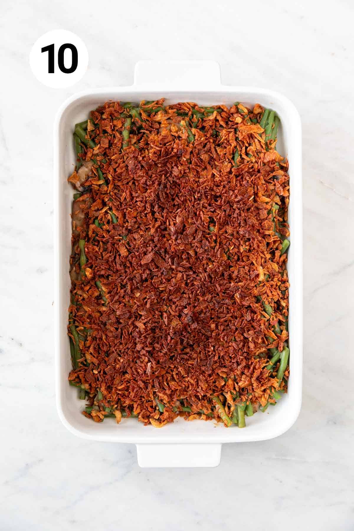 Vegan green bean casserole after baking.