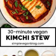 Vegan kimchi stew in a large pot with scallions on top, and a bowl of extra scallions on the side.