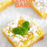 Photo of a vegan lemon bar with the words vegan lemon bars
