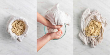 Step-by-step process of preparing tofu: crumbled tofu, squeezing out liquid, and the final texture.