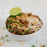 A square picture of a bowl of vegan pad Thai with a sliced lime on top