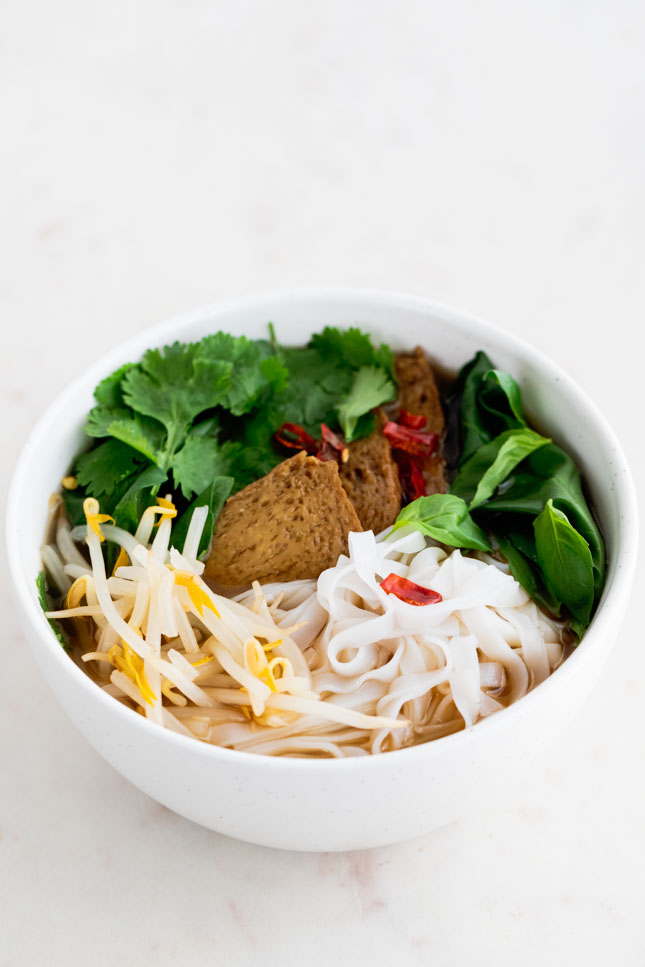 A picture of a bowl with homemade vegan pho