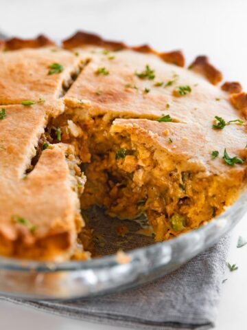 Photo of a sliced homemade vegan pot pie