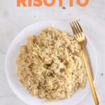 Photo from above of a dish of vegan risotto with a fork and a heading